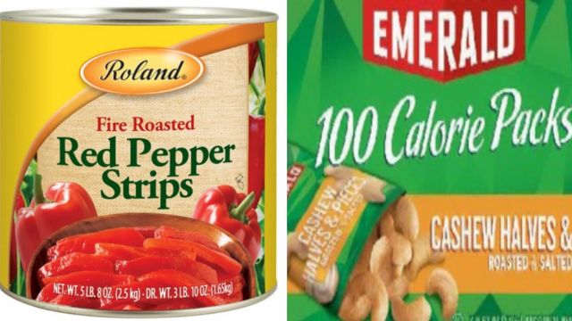 Packets of cashews and cans of fire roasted red pepper strips are recalled.