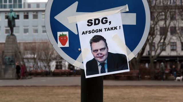 A sign protesting Iceland's outgoing Prime Minister, who's been named in a massive financial scandal.