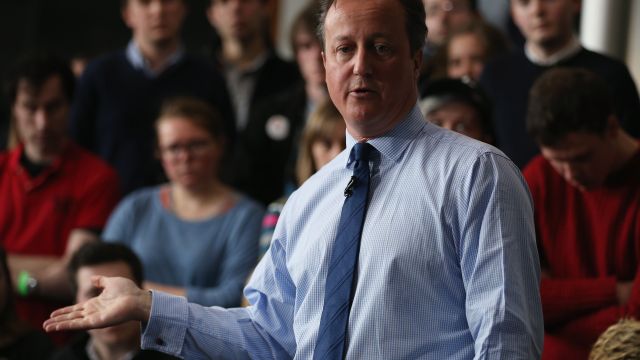 U.K. Prime Minister David Cameron addressing a crowd of students.