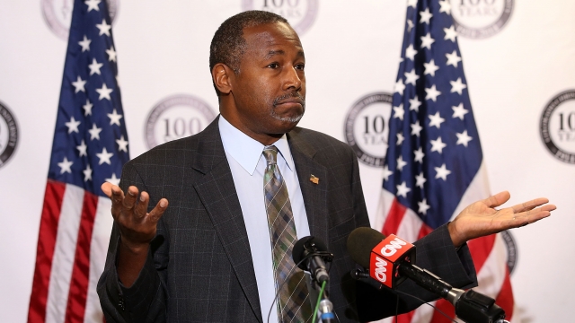 Ben Carson speaks during a news conference before a campaign event at Colorado Christian University.