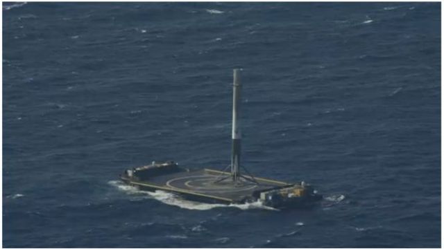 SpaceX's Falcon 9 rocket after touching down on the autonomous barge.