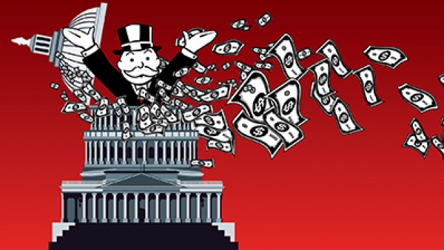 A cartoon of the Monopoly man throws money from the capitol building