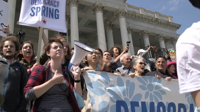 Democracy Spring protested money in politics on the steps of the U.S. Capitol building.