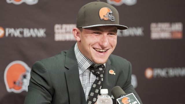 Johnny Manziel is answers questions during a press conference at the Cleveland Browns training facility