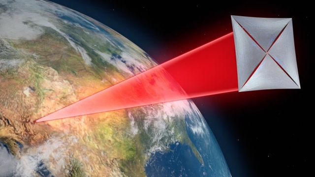 A lightsail is shown being pushed away from Earth by lasers from Earth.