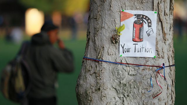 A sign with a picture of a pepper spray canister is posted on a tree during a demonstration at the UC Davis campus in 2011.