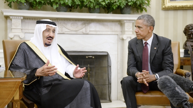 U.S. President Barack Obama looks on as King Salman bin Abd alAziz of Saudi Arabia speaks during a bilateral meeting.