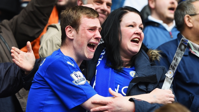 Leicester City fans show their emotions as they celebrate victory after a Barclays Premier League match in April.