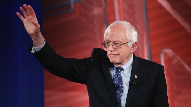 Sen. Bernie Sanders waves at a Town Hall hosted on CNN.