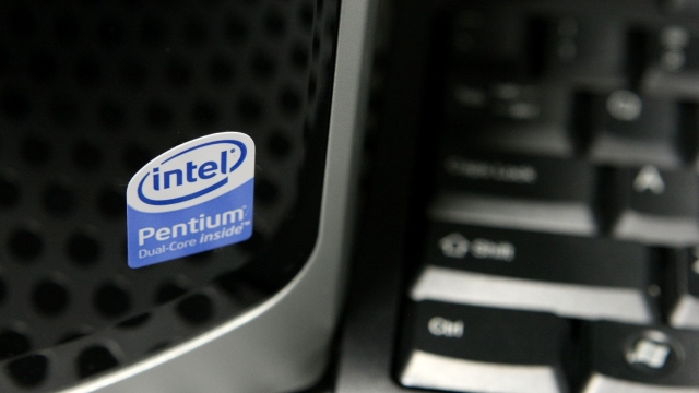 The Intel logo is seen on a desktop computer.