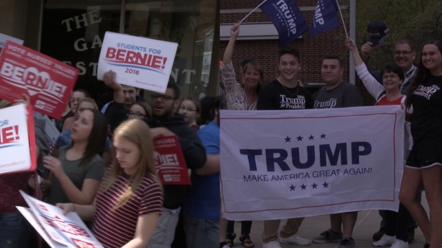 Photos of Bernie Sanders and Donald Trump supporters holding signs.