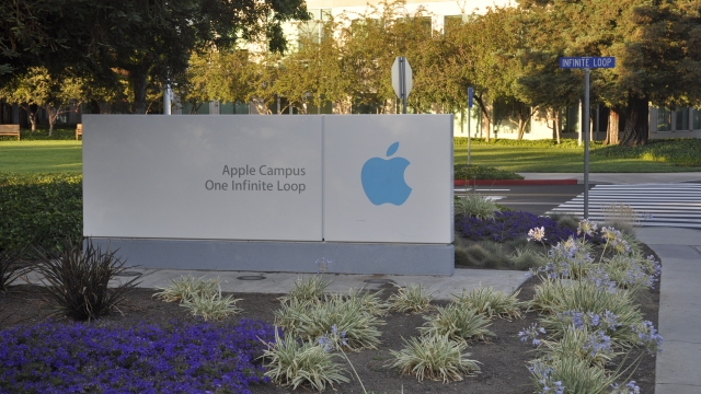 The Apple headquarters sign in Cupertino, California.
