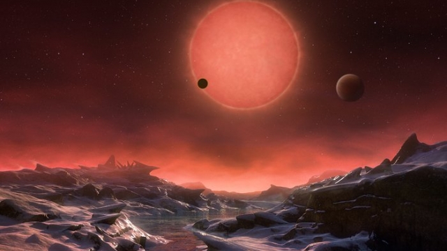 An artist's rendering of the ultracool dwarf star, as seen from one of the newly discovered planets.