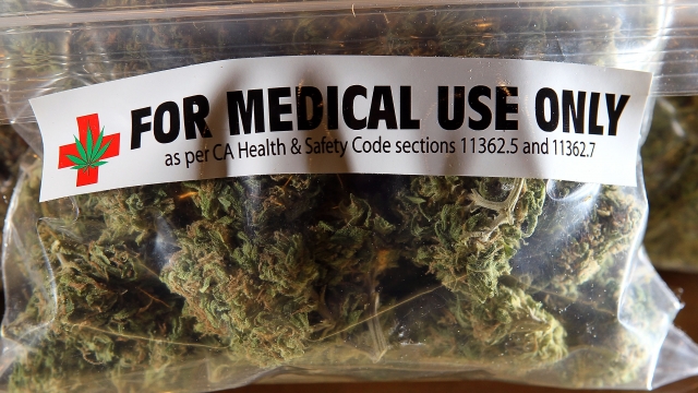A one-ounce bag of medicinal marijuana is displayed.