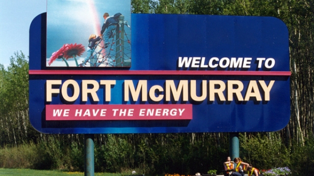The welcome sign displayed as you enter Fort McMurray, Alberta.