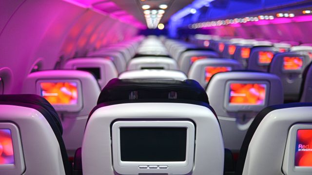 A view of seats inside an airplane.