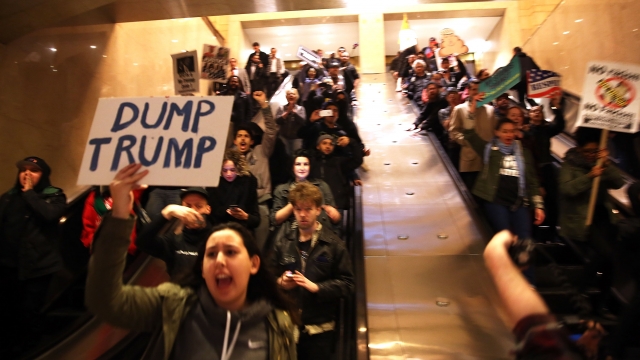 Donald Trump protesters outside an event in New York.