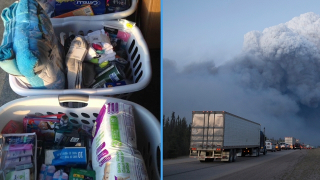Hampers filled with items to help evacuated Fort McMurray residents.
