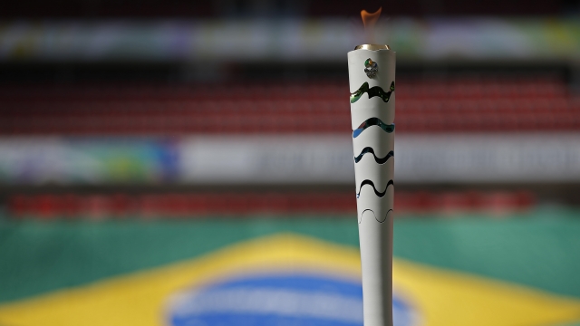 The Olympic Torch during the Olympic Flame torch relay at Mane Garrincha stadium on May 3, 2016 in Brasilia, Brazil.
