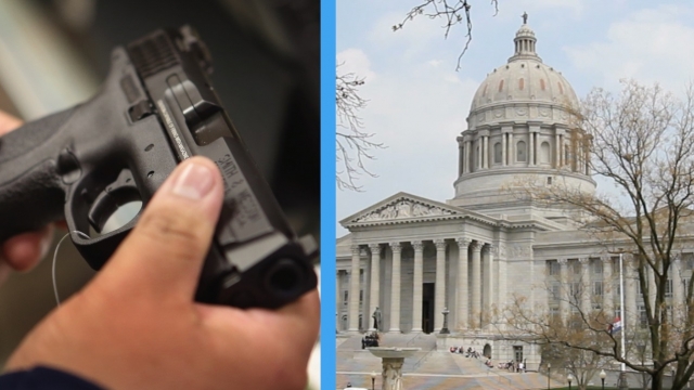 A handgun and the Missouri state capitol building