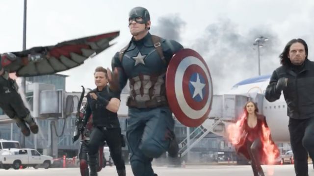 Captain American leads the Falcon, Hawkeye, Ant-Man, Scarlett Witch and Bucky Barnes in a fight in Captain America: Civil War