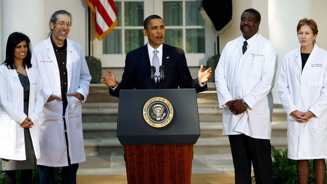 President Barack Obama speaks from the Rose Garden during an event with medical doctors