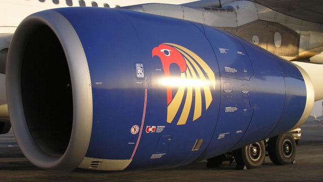 The jet engine of an EgyptAir Airbus.