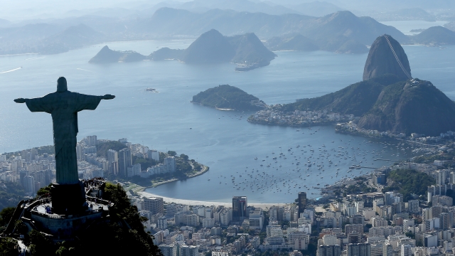 Aerial view of Christ the Redeemer, Flamengo Beach, Sugar Loaf and Guanabara Bay.