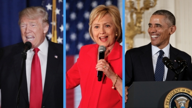 Donald Trump, Hillary Clinton and Barack Obama side by side.