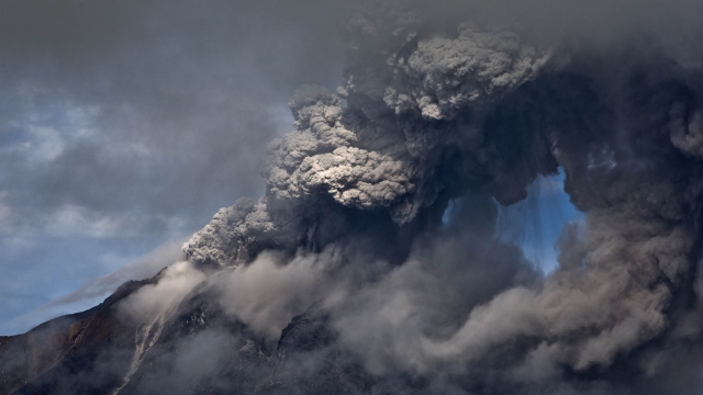 Mount Sinabung pyroclastic smoke, seen from Berastepu village in 2013 in Karo district, North Sumatra, Indonesia
