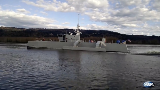 An image taken from a video featuring DARPA's Anti-Submarine Warfare (ASW) Continuous Trail Unmanned Vessel (ACTUV) program.