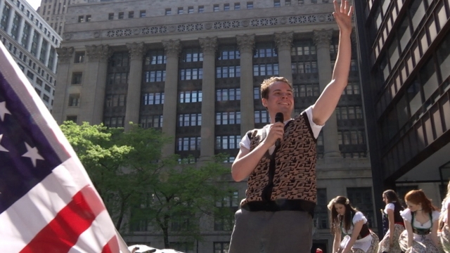 A Ferris Bueller impersonater performs the Von Steuben Day parade scene at Ferris Fest 2016.