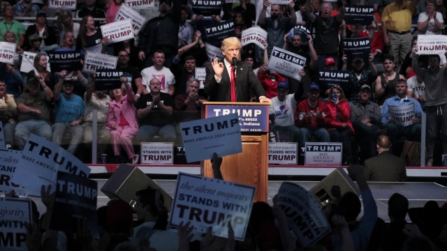 Donald Trump addresses the crowd during a campaign rally at the Indiana Farmers Coliseum.