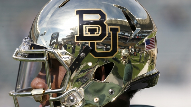 A closeup of a Baylor University football helmet.