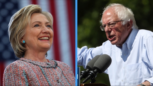 A split screen of Hillary Clinton and Bernie Sanders.