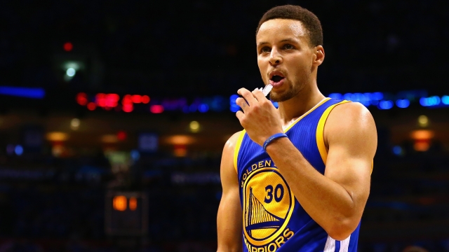 Stephen Curry #30 of the Golden State Warriors reacts during the fourth quarter against the Oklahoma City Thunder.