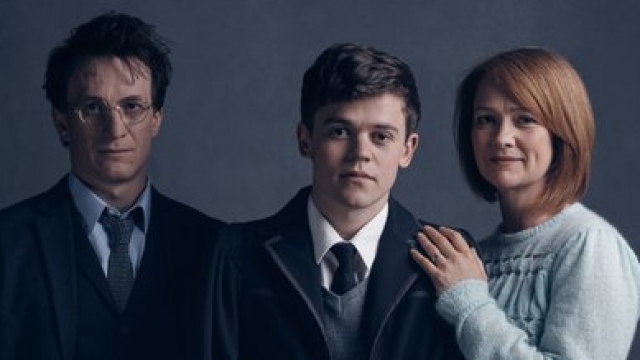 Jamie Parker as Harry, Sam Clemmett as Albus and Poppy Miller as Ginny are all shown in costume for the Harry Potter sequel.