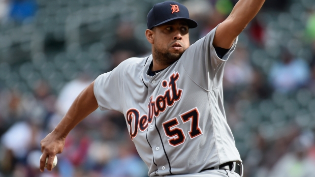 Francisco Rodriguez #57 of the Detroit Tigers delivers a pitch against the Minnesota Twins.
