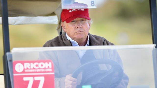 Republican Presidential Candidate Donald Trump drives a golf buggy during his visits to his Scottish golf course Turnberry.