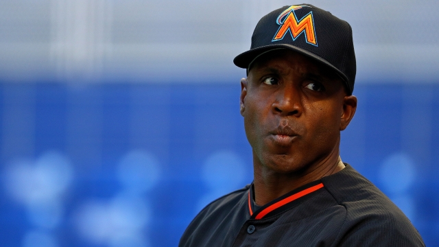 Hitting coach Barry Bonds #25 of the Miami Marlins looks on during 2016 Opening Day.