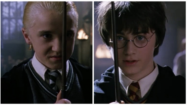 Draco Malfoy and Harry Potter face off in a wizarding duel.