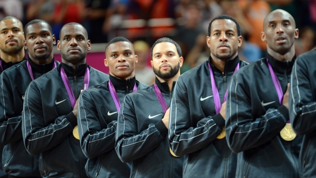 U.S. Gold medallists pose on the podium during the medal ceremony for the Men's Basketball gold medal game