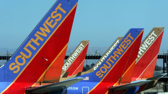A row of Southwest Airlines planes.