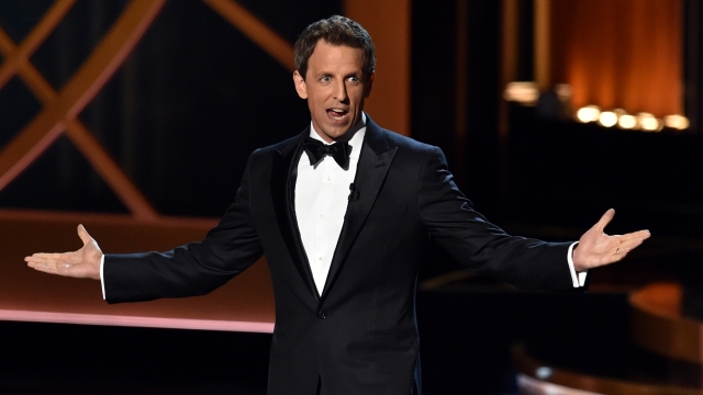 Seth Meyers speaks at the 66th Annual Primetime Emmy Awards.