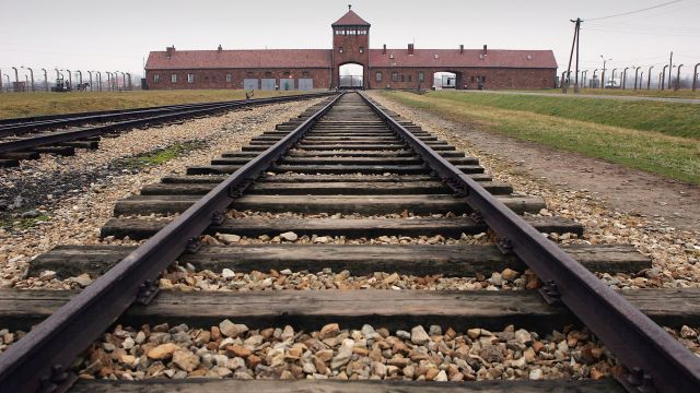 The train tracks leading up to the gate at Auschwitz.