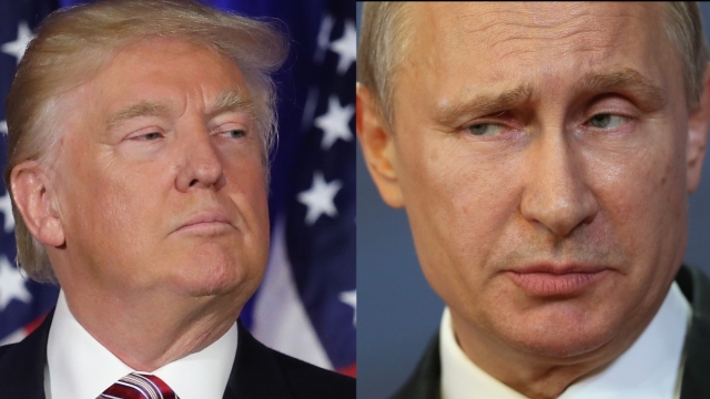Donald Trump on the left, looking to the right, and Vladimir Putin on the right, looking to the left.