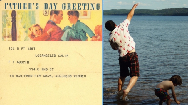 A photo collage of a Father's Day postcard from the 1940's and a photo of a father and son playing at the beach.