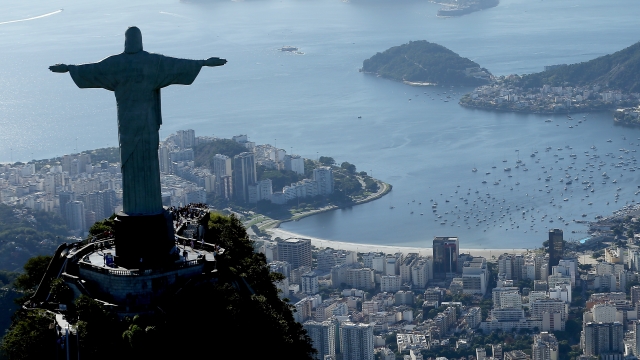 Aerial view of Christ the Redeemer, Flamengo Beach, the Sugar Loaf and Guanabara Bay in Rio de Janeiro.