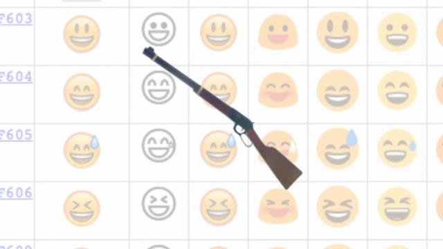 Rifle emoji centered with other face emojis in the background