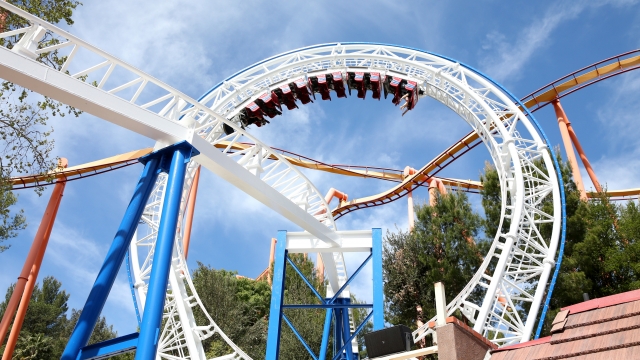 Guests ride the first virtual reality coaster powered by Samsung Gear VR at Six Flags Magic Mountain in California in 2016.